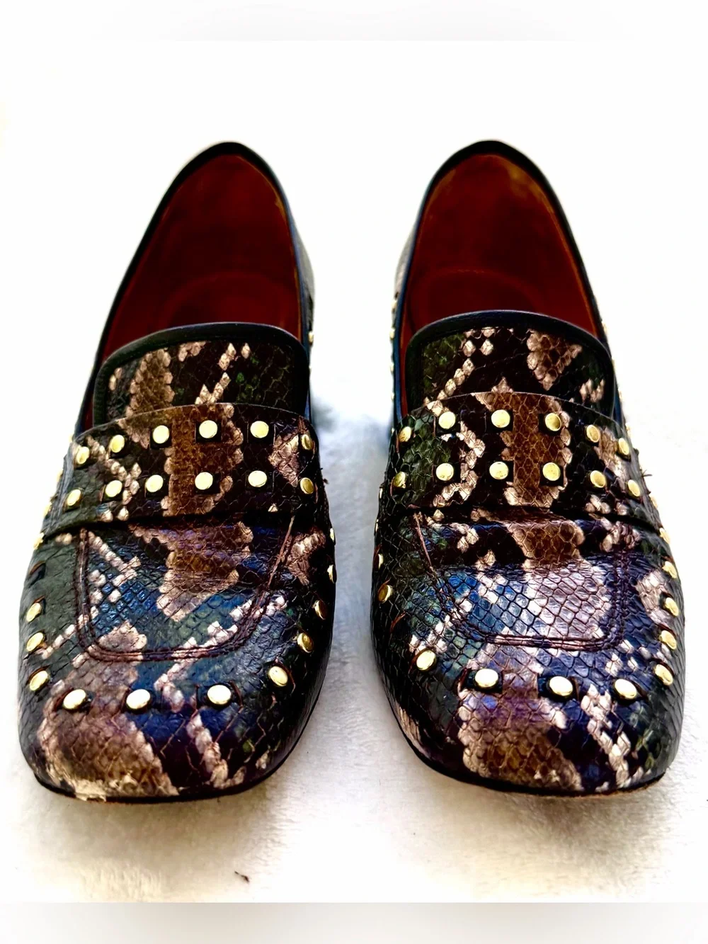 Tory Burch Tory Loafer Black Emerald Python Embossed Leather Gold Studded Size 9